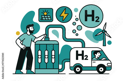 Green Hydrogen Generation. Green Hydrogen Production. Electrolyzer stacks hum; bubbles lift into an ?H?? badge while a lightning icon feeds from solar and wind