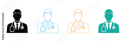 Versatile doctor icons in distinct styles and colors, perfect for medical websites, health apps, and professional service branding. Captures expertise and care.
