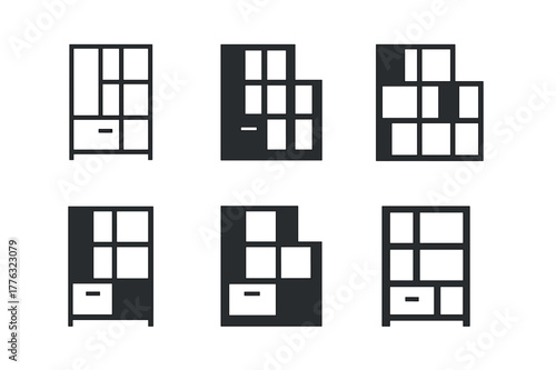 Modular Storage Icons. Customizable home storage solutions. Icon set. Set Logo of customizable home storage solutions: modular shelving unit. harmonious logo