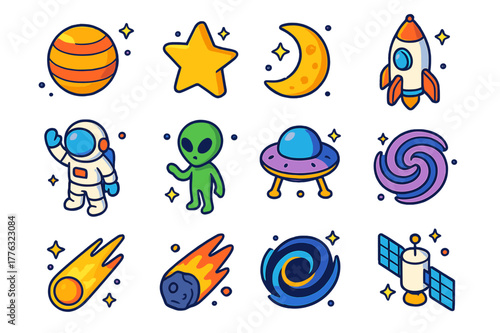 Colorful Space Icon Set. space. Colorful isometric vector icons set of space: planets, stars, moons, rockets, astronauts, aliens, spaceships, galaxies, comets,