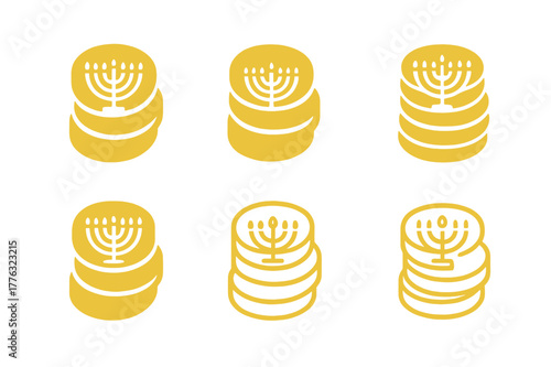Hanukkah Logo Variations. Hanukkah celebrations with menorahs and candles. Set Logo of gelt coins: stacked coins with menorah imprint. Icon set. harmonious