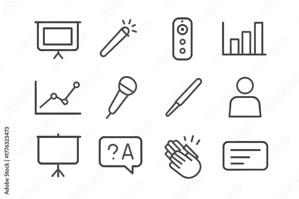 Fototapeta premium Presentation Icon Set. Presentation. Line icon set of Presentation: slide deck, laser pointer, clicker remote, bar chart, line graph, microphone, pointer