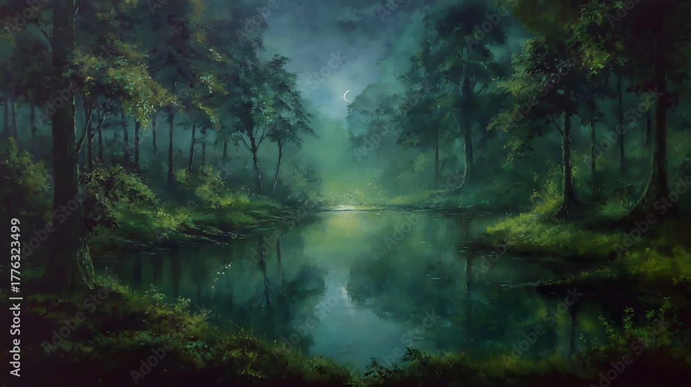 Obraz premium Starry Night Reflection on Forest Lake – Peaceful Nature Landscape Photography