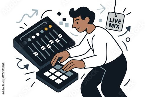 Dynamic Soundboard Action. Soundboard & production. Faders glide as colored LEDs hop to the beat; ?Live mix? tag hangs on a cable. A hand taps a pad that