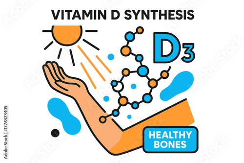 Vitamin D Transformation. Vitamin D Synthesis. Rays touch the skin of a relaxed arm; molecule icons swirl, connecting into ?D3.? A minimalist label glows