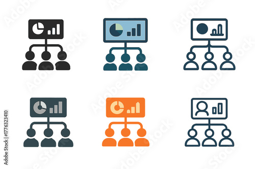 Marketing Emblem Variations. Managing marketing teams and campaigns. Set Logo of Managing marketing teams and campaigns: marketing dashboard with connected