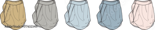 An assortment of women's casual flowy skirts illustrated in a variety of colors, a fashion design concept for a wardrobe collection