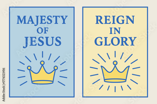 Majesty and Glory Banners. King of Kings. Two vertical A6 banners with safe margins, centered composition, no elements touching edges, pastel, cobalt and