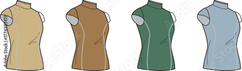 Technical fashion illustration of a women's sleeveless mock neck top with princess seams, showing a design concept in multiple colorways for apparel production