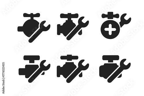 Valve Wrench Icons. Main water line shutoff. Set Logo of main pipe with shut valve: Flat solid, Negative space, Stylized detail, Abstract geometric, Iconic