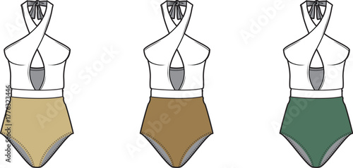 Vector illustration set of a women's halter one-piece swimsuit with a crossover front and cutout detail. Fashion flat sketch template for apparel design
