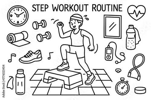 Step Workout Essentials. Step Workout Routine. Hand-drawn doodle illustration Step Workout Routine aerobic step, person exercising, dumbbells, sneakers, towel,