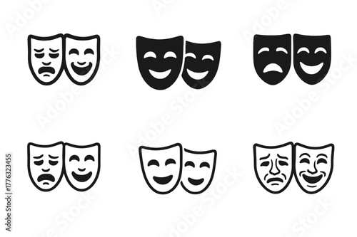 Greek Drama Mask Logos. ceremonial masks. Set Logo of ceremonial masks: Greek tragedy and comedy masks. Icon set. harmonious logo variations of the same