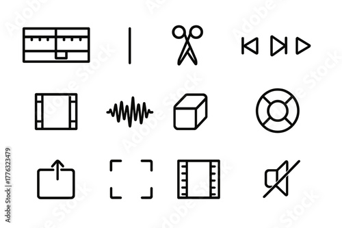 Video Editing Icons. Video Editing. Line icon set of Video Editing: timeline, playhead, scissors cut, playback controls, clip segment, sound wave, transition