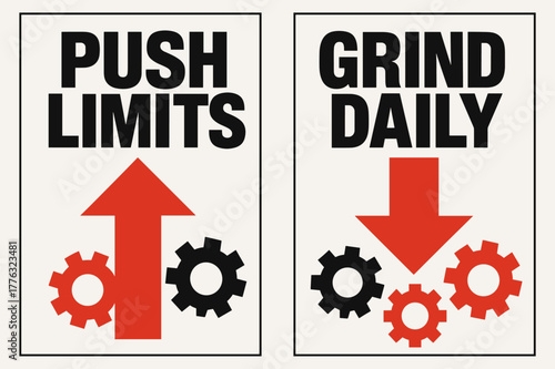 Push Limits Banner. Push limits. Two vertical A6 banners with safe margins, centered composition, no elements touching edges, brutalist, black and red, objects