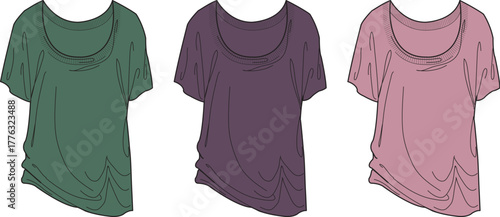 Illustration of three comfortable women's short-sleeved t-shirts in green, purple, and pink, showcasing versatile casual wear for relaxed everyday fashion