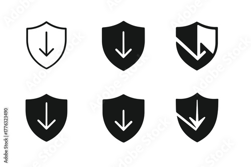 Risk Symbol Variations. Risk of loss. Set Logo of Risk of loss: broken shield with downward arrow. harmonious logo variations of the same emblematic concept,