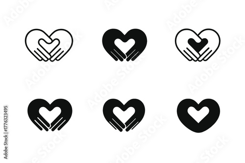 Heart Hands Logo Variations. Empathy in romantic relationships and building strong friendships. Set Logo of empathy and connection: two hands forming a heart