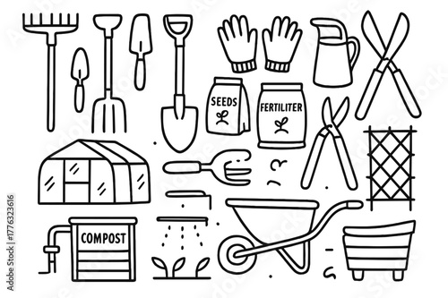Gardening Tools Icons. Gardening tools. Hand-drawn doodle illustration Gardening tools, rakes, hoes, shovels, trowels, watering cans, gloves, seeds,