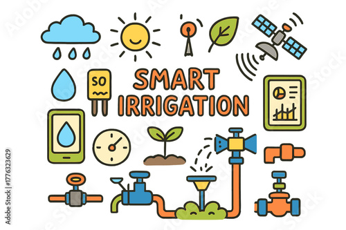 Smart Irrigation Doodles. Smart Irrigation. Colorful Hand-drawn doodle Children illustration Smart Irrigation sprinkler, soil moisture sensor, smartphone,