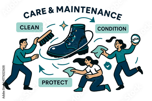 Boot Care Essentials. Care & maintenance. Brush, cloth, and balm orbit a pair of boots; labels read ?clean,? ?condition,? ?protect.? Freshly revived shine in