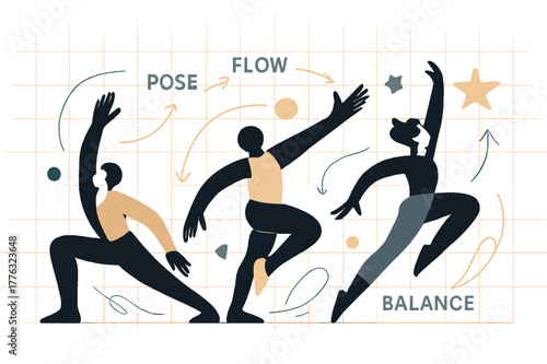 Dynamic Pose Studies. Dynamic pose studies. Silhouettes snap from stretch to leap; ?Pose ? Flow ? Balance? trails in thin arrows. A grid fades behind as limbs