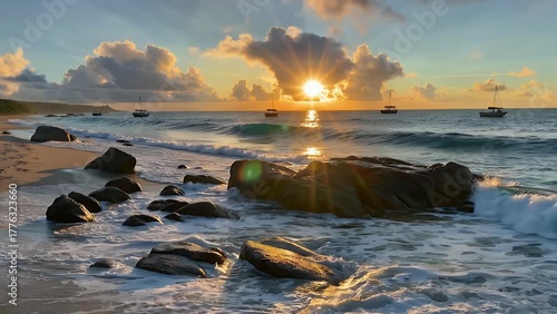 Spectacular Dawn Scene Where Solar Illumination Breaks Over the Marine Horizon as Waves Impact a Rugged Stone Shoreline  with Vast Expanses of Water Stretching into the