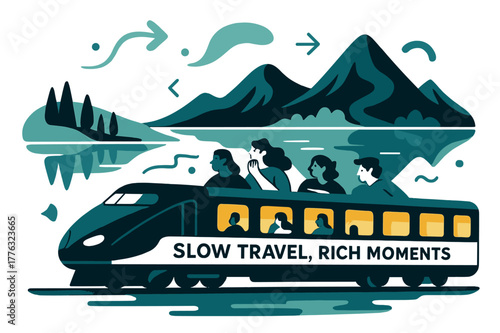 Luxury Train Odyssey. Luxury train journeys through scenic landscapes. A sleek locomotive glides past mirror-still lakes and peaks; ?Slow travel, rich moments?