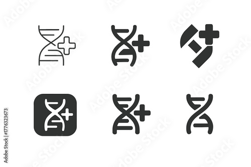 Genetic Testing Logos. Genetic testing in healthcare. Set Logo of Genetic testing in healthcare: DNA double helix strand. Icon set. harmonious logo variations
