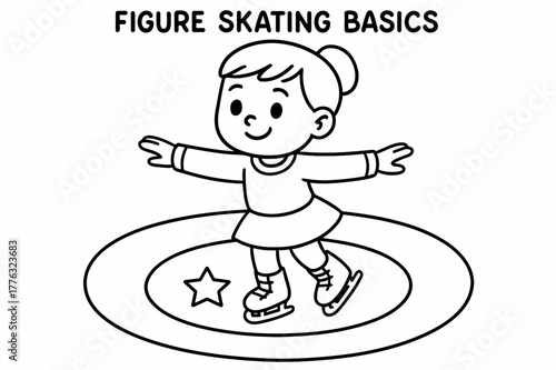 Skating Spin Coloring. Figure skating basics children?s coloring book illustration, outlined drawing, a beginner performing a two-foot spin with a star marker