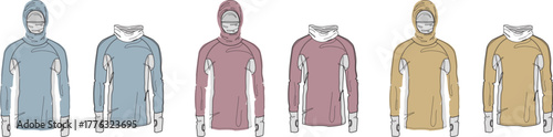 Assortment of hooded long-sleeve performance shirts depicted as clean technical vector drawings, highlighting activewear design variations for sportswear and outdoor apparel collections