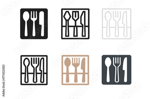 Organized Kitchen Icons. Using drawer organizers for kitchen gadgets. Set Logo of Using drawer organizers for kitchen gadgets: top-down view of an organized