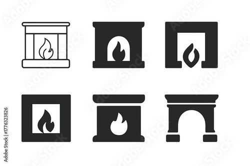Fireplace Mantel Logos. fireplace mantel. Set Logo of fireplace mantel: classic mantel shelf. Icon set. harmonious logo variations of the same emblematic