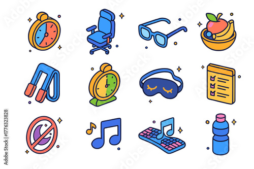 Healthy Gaming Icons. Healthy gaming habits. Colorful isometric vector icons set of Healthy gaming habits: screen time timer, ergonomic posture chair, blue