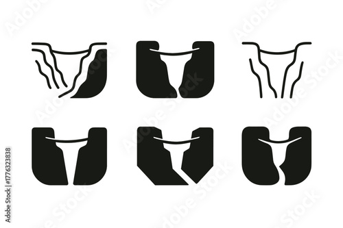 Highlining Logo Variations. Highlining. Set Logo of Highlining: webbing span over canyon. harmonious logo variations of the same emblematic concept, each with