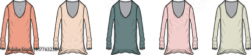Fashion illustration of comfortable women's long-sleeve V-neck tunic tops, presented in a palette of soft pastel shades, ideal for modern casual apparel design