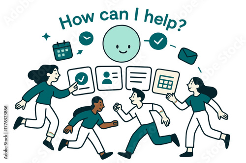 Friendly AI Assistant. AI Assistants. A friendly orb with a subtle face projects task cards into a tidy arc; caption ?How can I help?? glows above. Floating