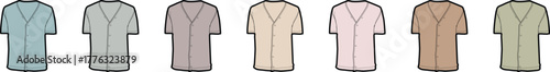 Vector illustration set of casual short-sleeved shirts in a muted and pastel color palette, isolated for fashion design or apparel mockups