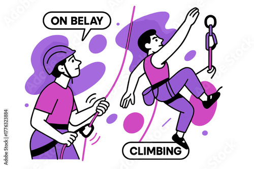 Dynamic Climbing Scene. Belay & Clip Under Pressure. Belayer feeds rope, device hums; above, a climber reaches past a quickdraw with laser focus. ?On belay /