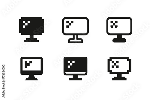Tech Logo Variations. Tech blog on laptop screen. Set Logo of Tech blog on laptop screen: pixelated monitor icon. Icon set. harmonious logo variations of the