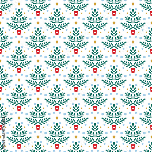 Christmas folk art ornament. Vector seamless pattern with christmas tree, snow and stars. Winter background. Scandinavian collection. Fabric textile print