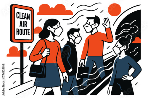 Masked Subway Commuters. Air pollution ? Subway platform masks. Commuters with crisp geometric masks wait as misty ribbons trail along the tracks. A poster