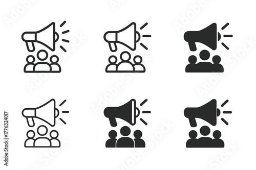 Marketing Logo Variations. Audience in marketing. Set Logo of Audience in marketing: megaphone projecting toward audience figures. Icon set. harmonious logo