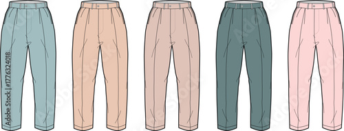 Fashion technical flat sketch of women's high-waisted tapered trousers. Vector template set of casual pants shown in a pastel color palette