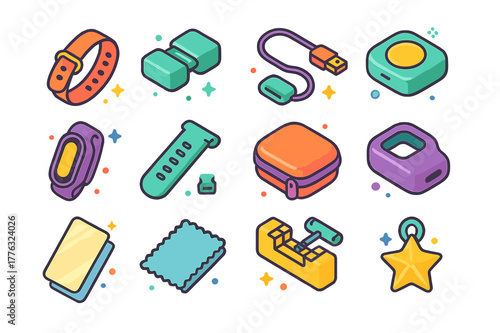 Colorful Accessory Icons. Wearable accessories. Colorful isometric vector icons set of Wearable accessories: watch band, magnetic clasp, charging cable,