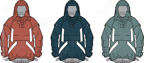Set of technical flat sketches of a men's hooded anorak jacket, showing three different color variations for apparel design