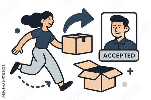 Easy Returns Icon. Shopping Habits ? Easy Returns. A box icon unfolds into a curved arrow; a smiling clerk card confirms ?accepted?. Dotted steps show return