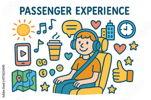 Doodle Passenger Experience. Passenger experience. Colorful Hand-drawn doodle Children illustration Passenger experience car seat, headphones, coffee cup,