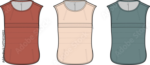 Fashion technical sketch set featuring three sleeveless women's blouses with elegant pintuck details in various colorways, ideal for apparel design and product development