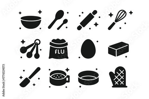 Baking Tools Icons. Baking Essentials. Solid icons set of Baking Essentials: mixing bowl, wooden spoon, rolling pin, whisk, measuring spoons, flour bag, egg,